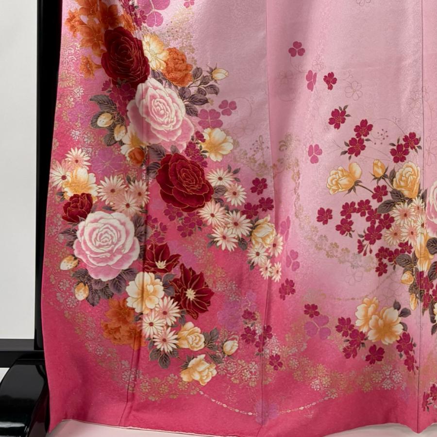 美品 振袖 身丈168.5cm 裄丈71cm L 袷 薔薇 桜 銀通し 金銀彩 ピンク