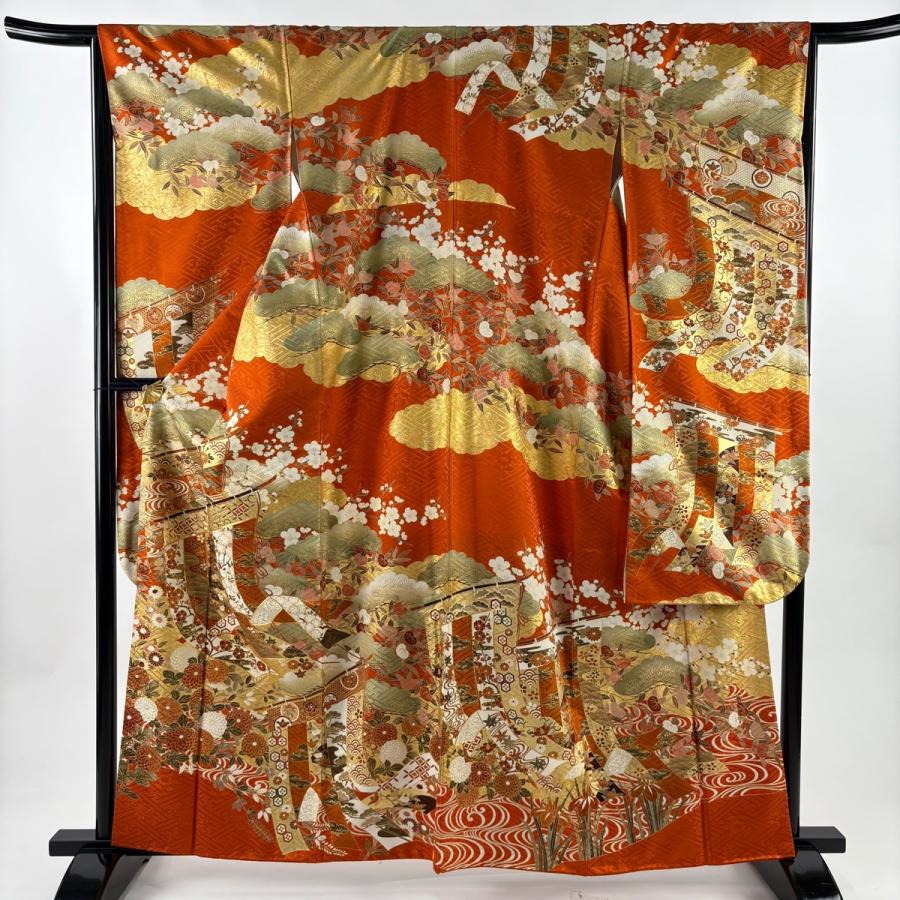 美品 振袖 身丈161cm 裄丈65.5cm M 袷 几帳 松梅 金糸 金彩 オレンジ