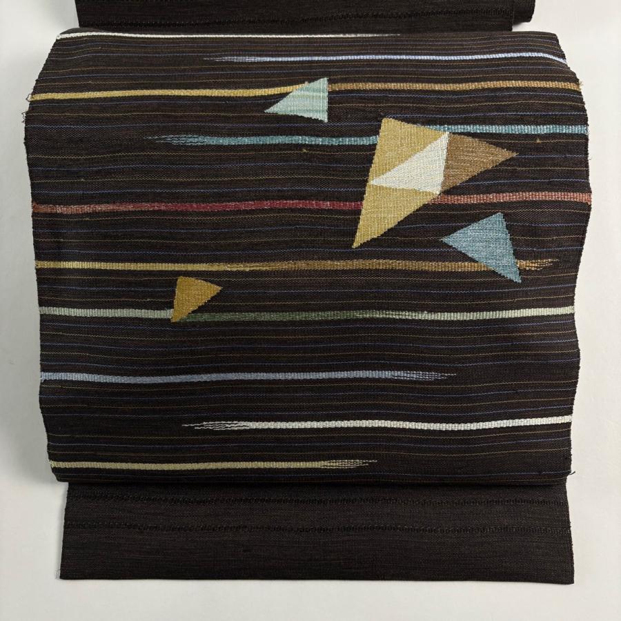 名古屋帯 秀品 八寸名古屋帯 松葉仕立て 縞 鱗文 銀糸 焦茶色 正絹