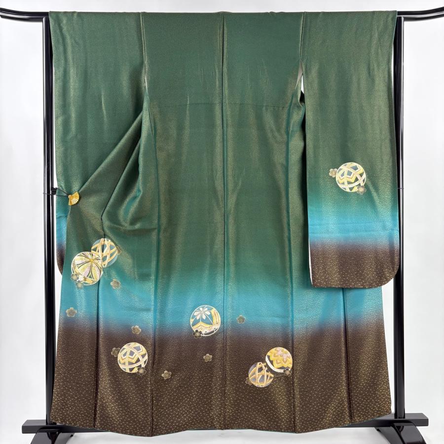 美品 振袖 身丈158cm 裄丈63cm S 袷 鞠 桜 金通し 螺鈿 緑 正絹 秀品