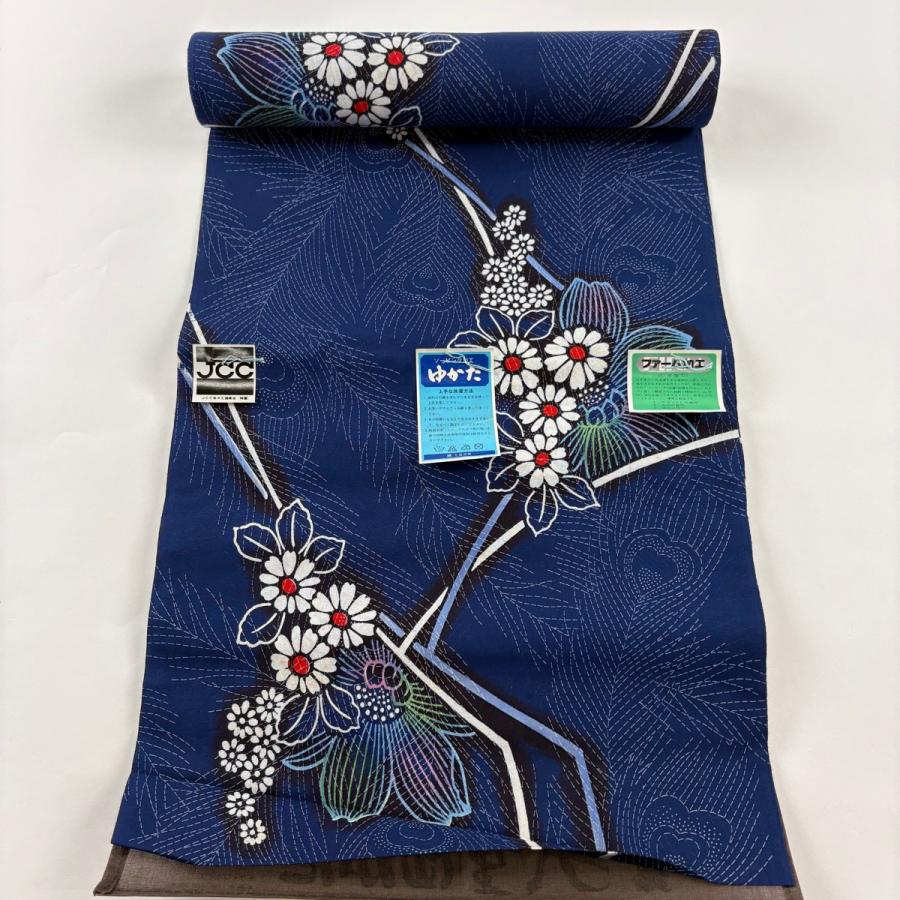 反物 優品 浴衣 草花 孔雀の羽 紺色 綿 中古 : リユースセレクト