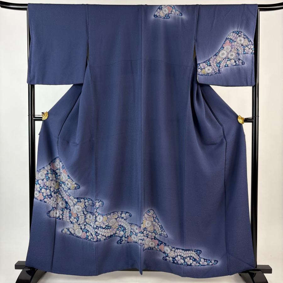 訪問着 身丈160cm 裄丈65cm M 袷 霞 辻が花 ぼかし 青灰色 正絹 秀品