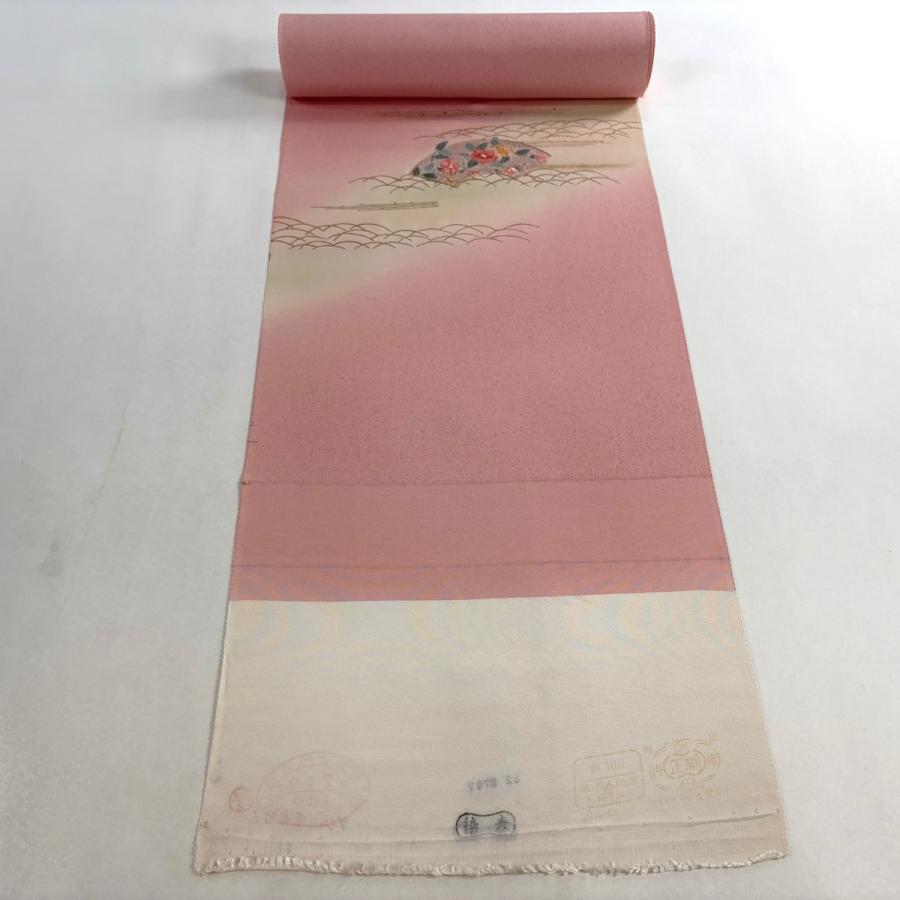 反物 秀品 付下げ 扇面 草花 刺繍 金銀彩 ピンク 正絹 中古 : リユース