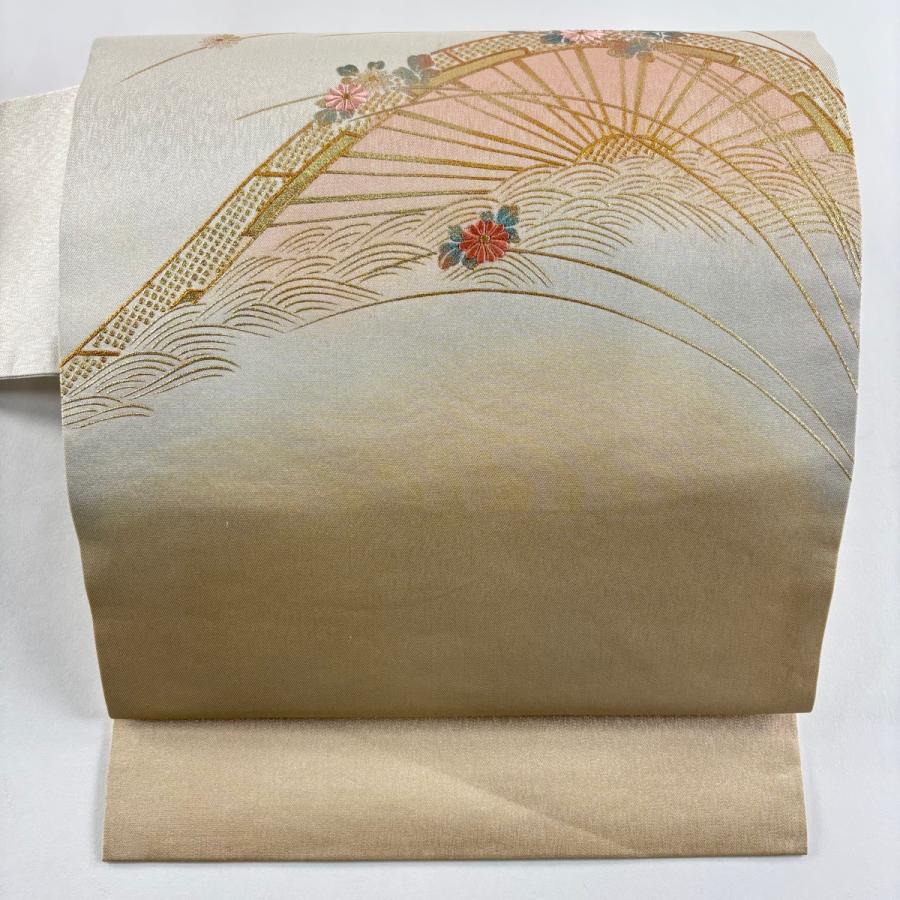 名古屋帯 秀品 片輪車 菊 刺繍 金彩 クリーム 正絹 【】 美品 袋帯 秀