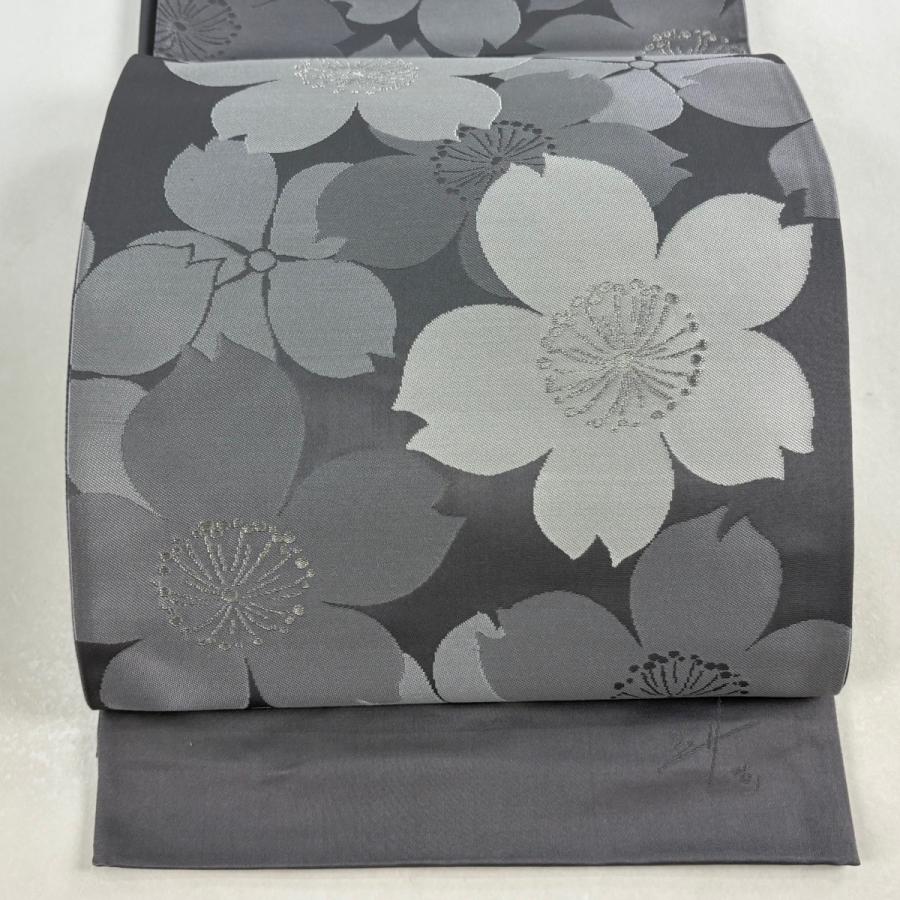 美品 袋帯 逸品 辻村ジュサブロー 落款あり 桜 銀糸 灰紫 六通 正絹