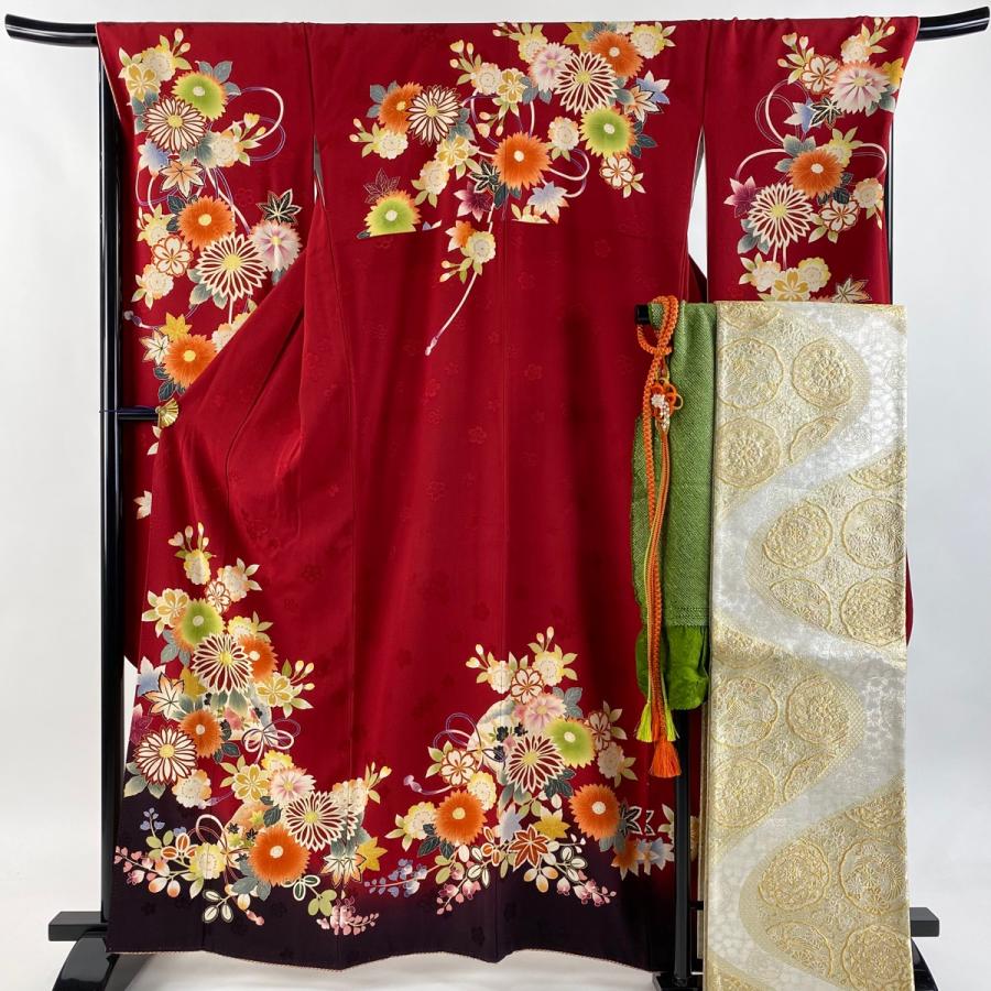 振袖 身丈162cm 裄丈70cm L 袷 袋帯フルセット 檜扇 草花 金糸 金彩 赤