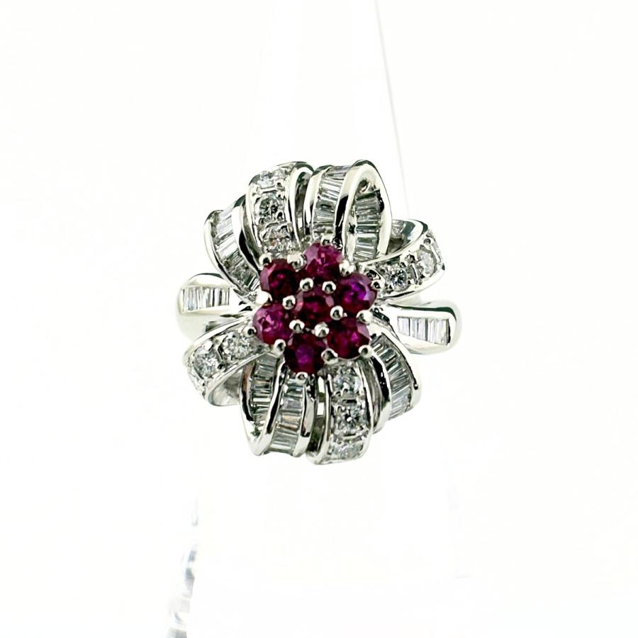 フラワーモチーフ デザインリング プラチナ 指輪 ルビー メレダイヤ