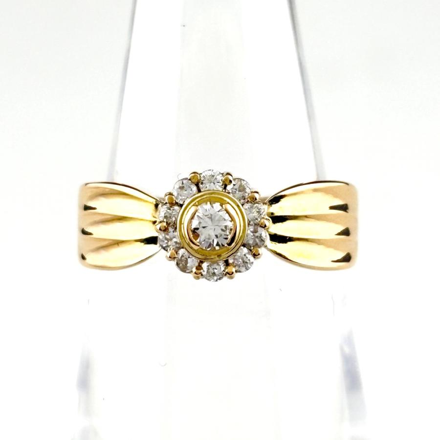 K18ラウンド×メレ ダイヤモンドリング小 (イエローゴールド) K18 カラーゴールドリング〕K18 リング ライトイエローゴールド (幅約