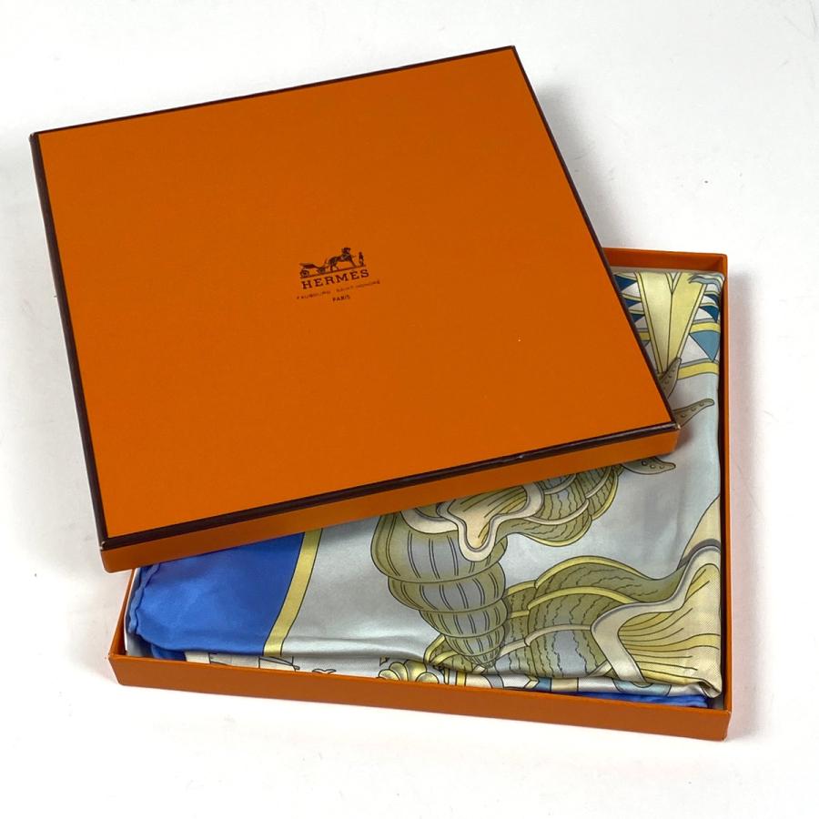 エルメス Hermès スカーフ カレ90 マリンエカヴァルリー 青 シルク HERMES（エルメス） カレ 90 L'AIR MARIN 海風 船 貝殻 スカーフ