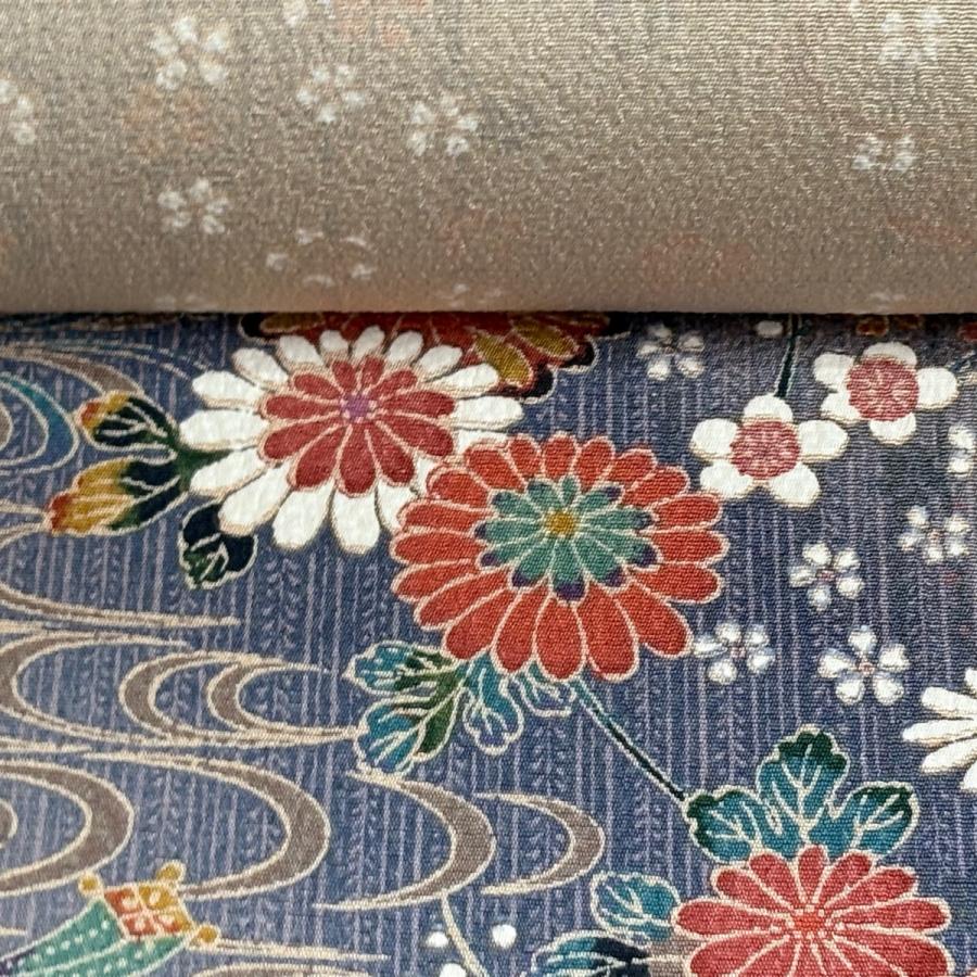 反物 秀品 小紋 加賀友禅 菊 宝尽くし ぼかし 灰紫 正絹 中古