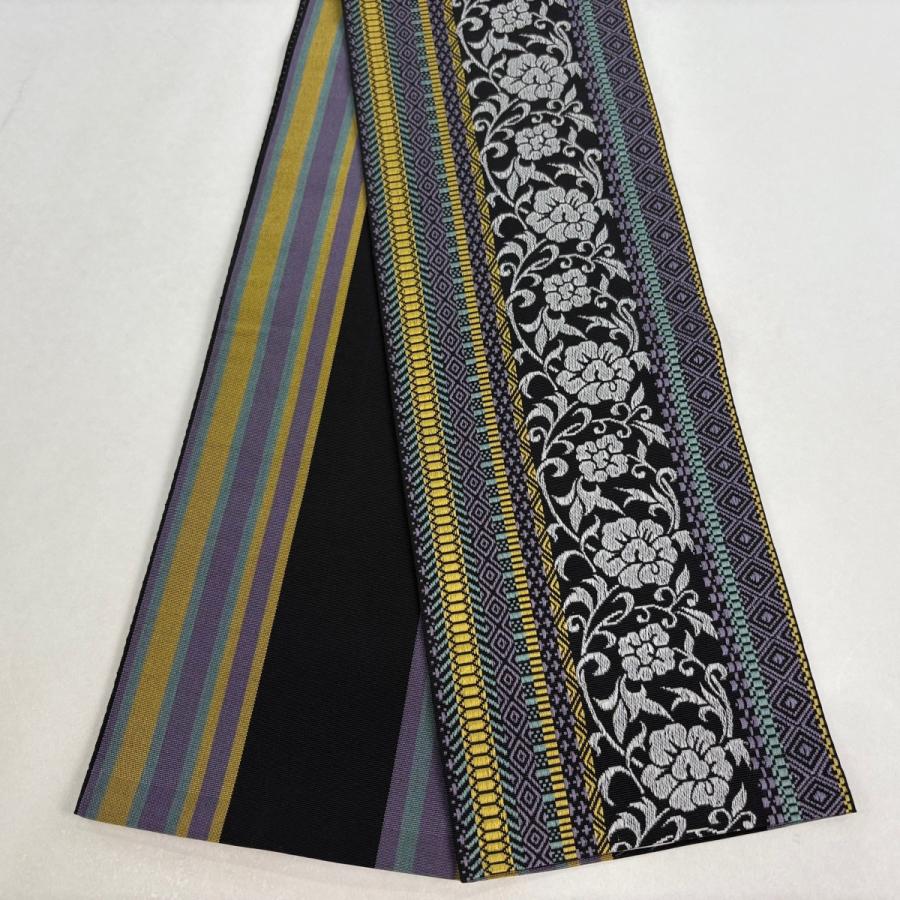 博多織　半幅帯　正絹　織り出し花唐草模様No.3-22 博多帯 半幅帯 本場筑前博多織 協和織工場 ＜黒／唐花＞ 日本製 正絹