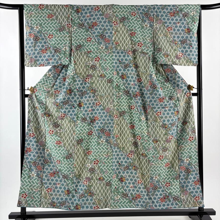 小紋 身丈154cm 裄丈64cm M 袷 椿 蝶 金彩 灰緑 正絹 秀品 中古 在庫