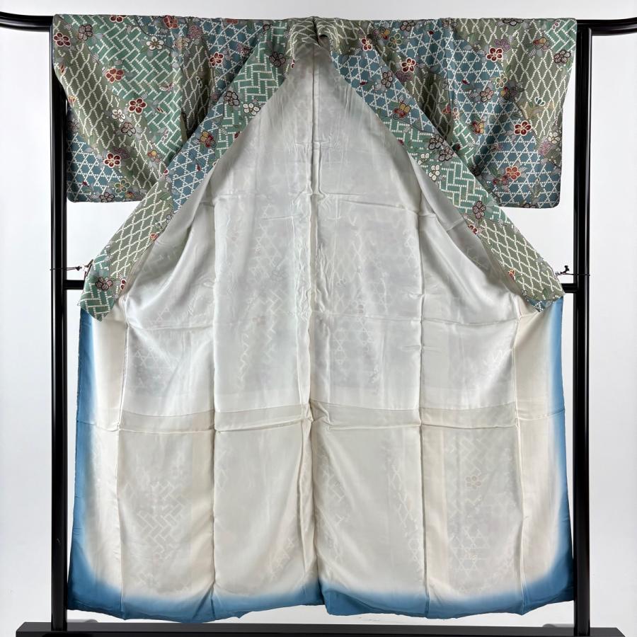 小紋 身丈154cm 裄丈64cm M 袷 椿 蝶 金彩 灰緑 正絹 秀品 中古 在庫