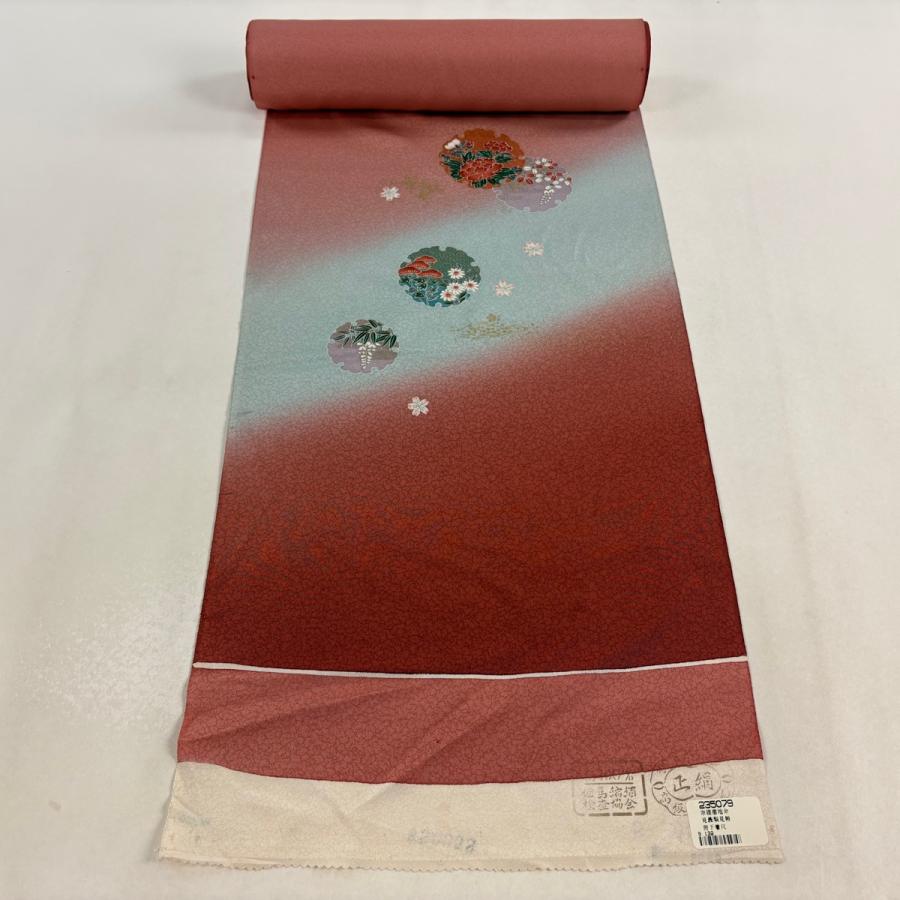 反物 秀品 付下げ 雪輪 草花 金彩 ぼかし 茜色 正絹 中古 : リユース