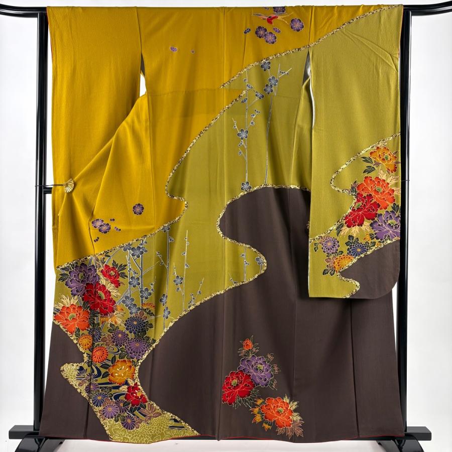 振袖 身丈159cm 裄丈63.5cm S 袷 牡丹 枝梅 金彩 染め分け 山吹色 正絹