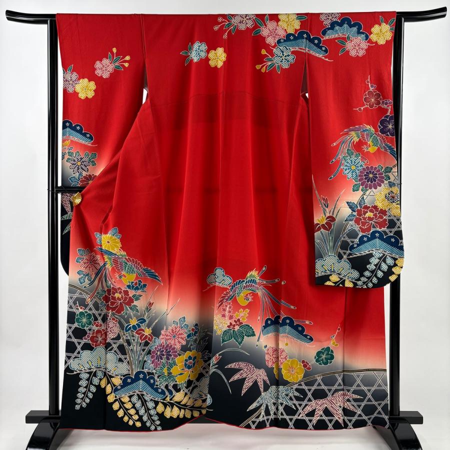 美品 振袖 身丈161cm 裄丈63.5cm S 袷 鳳凰 牡丹 ぼかし 朱色 正絹 