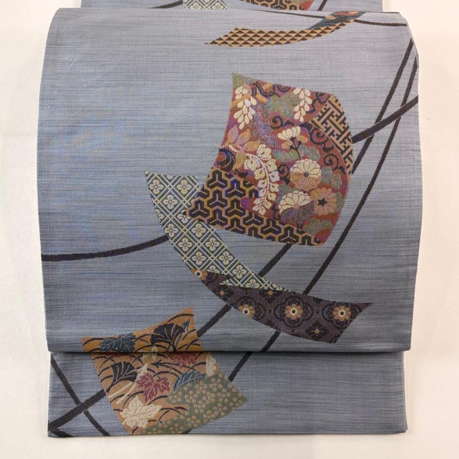 美品 袋帯 秀品 熨斗 菊 青灰色 六通 正絹 中古 在庫一掃 : リユース