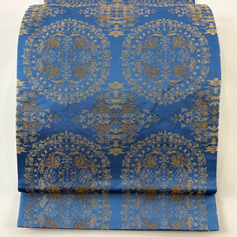 美品 袋帯 逸品 龍村晋 落款あり 連珠狩猟文 花唐草 金糸 箔 青 全通