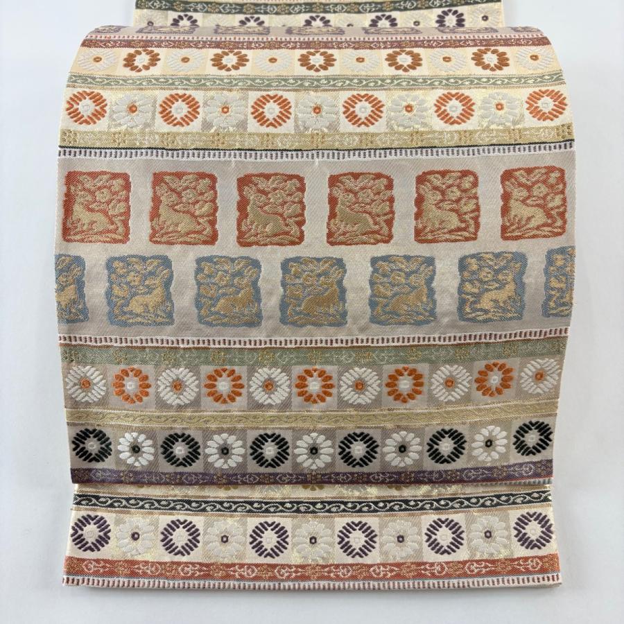 袋帯　河村織物 美品 袋帯 逸品 河村織物 落款あり 名物裂段文 花うさぎ 金糸 箔 金色