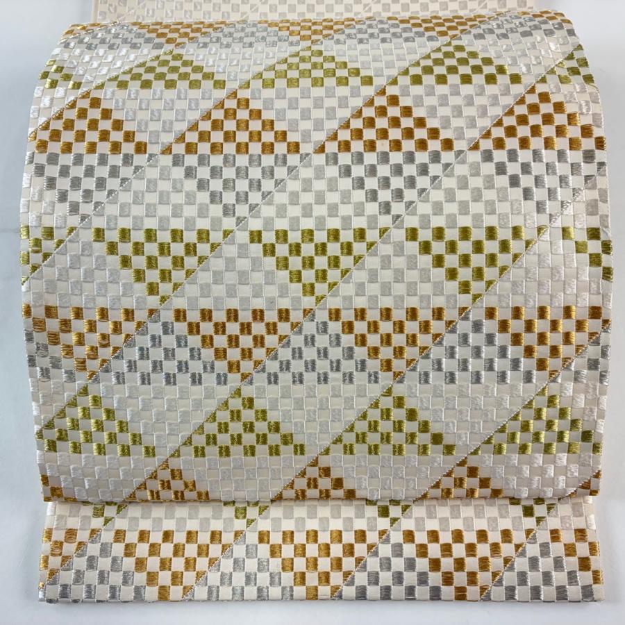 袋帯 逸品 落款あり 山口正夫監修 うろこ文 市松 金銀糸 クリーム