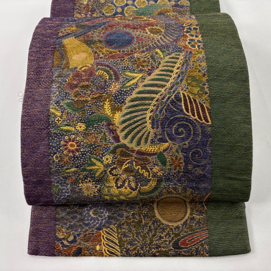 美品 袋帯 逸品 前田仁仙 落款あり 花唐草 鳥 金糸 金彩 紫 全通