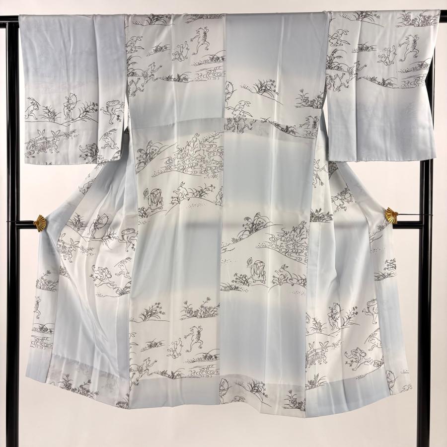 美品 長襦袢 身丈127cm 裄丈66cm M 鳥獣戯画 ぼかし 水色 正絹 名品