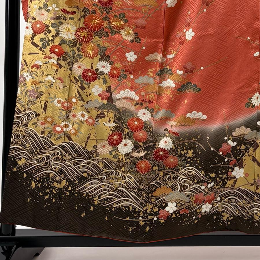 振袖 身丈158.5cm 裄丈62cm S 袷 菊 笠松 金糸 金彩 濃ピンク 正絹 秀