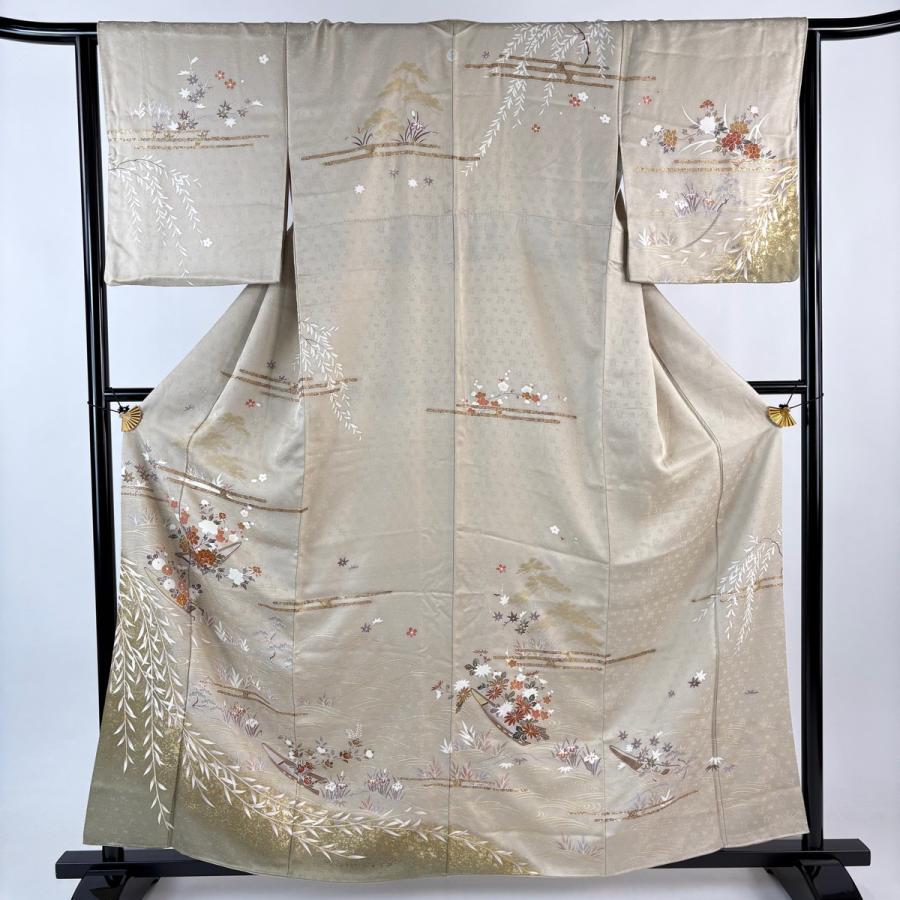 訪問着 身丈160.5cm 裄丈65cm M 袷 花舟 ヱ霞 金糸 金彩 ベージュ 正絹