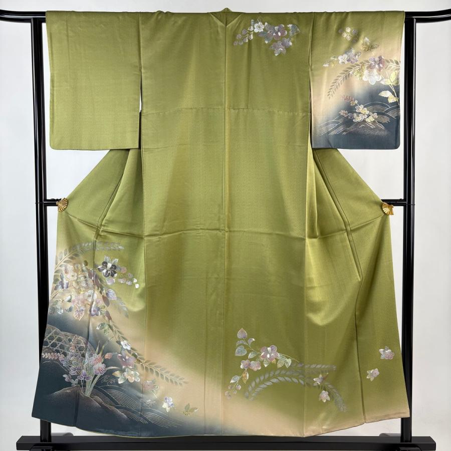 訪問着 身丈154cm 裄丈64cm M 袷 草花 波 金銀彩 ぼかし よもぎ色 正絹