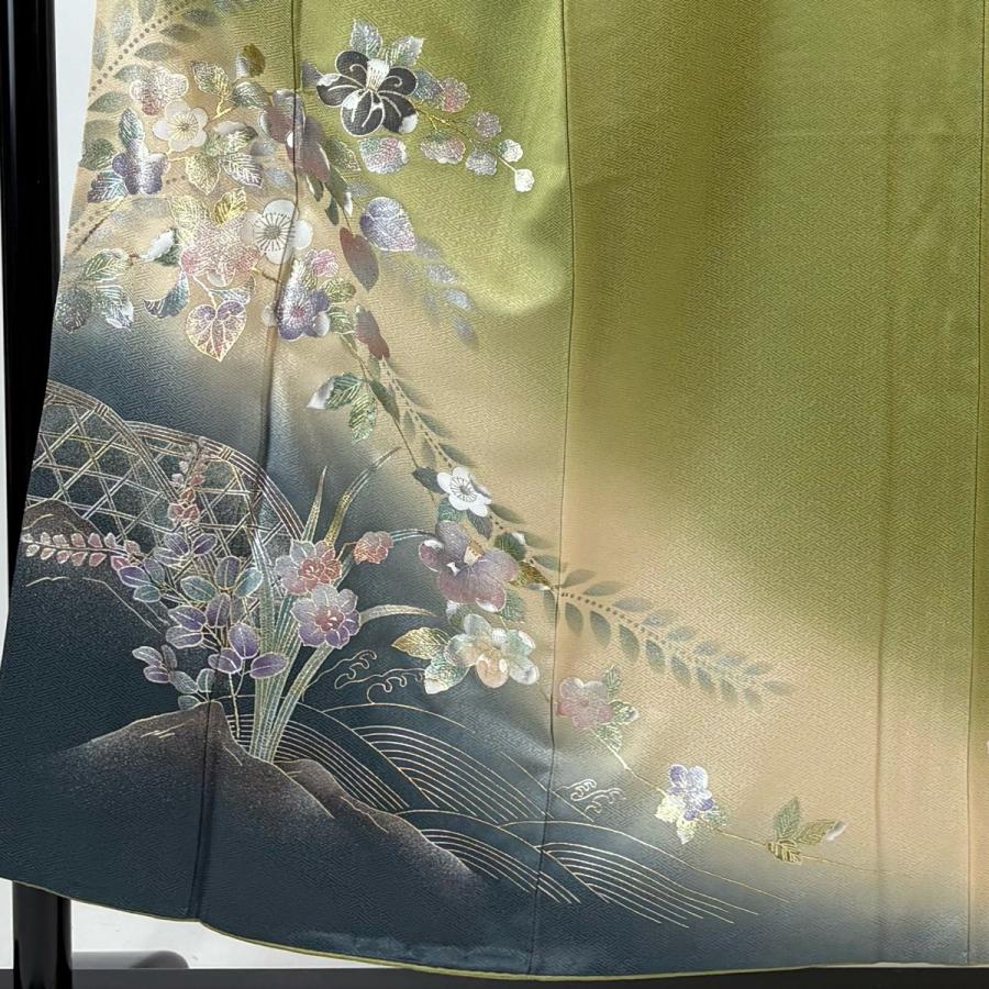 訪問着 身丈154cm 裄丈64cm M 袷 草花 波 金銀彩 ぼかし よもぎ色 正絹