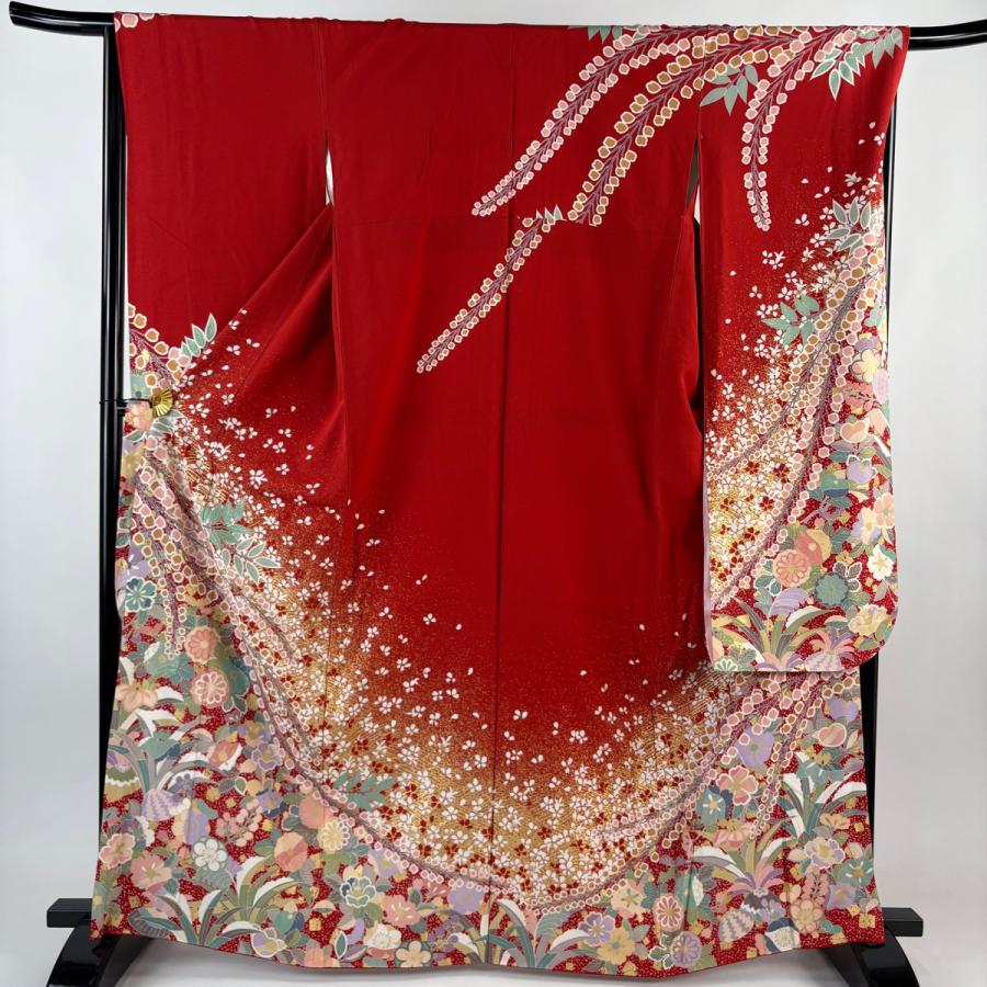 美品 振袖 身丈162cm 裄丈67cm M 袷 草花 金彩 朱色 正絹 名品 中古