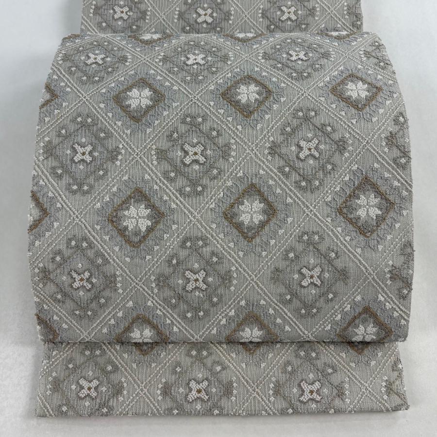 美品 袋帯 逸品 菱 華文 相良刺繍 金糸 灰色 六通 正絹 中古