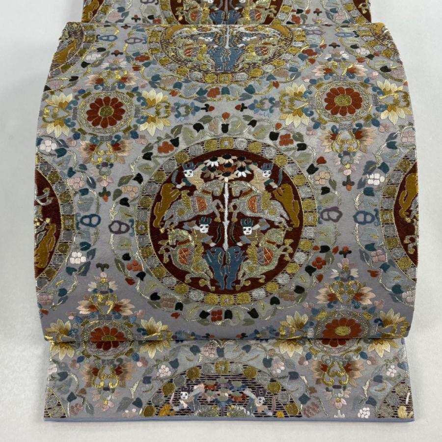 美品 袋帯 逸品 連珠狩猟文 草花 刺繍 金銀糸 灰茶 六通 正絹 中古