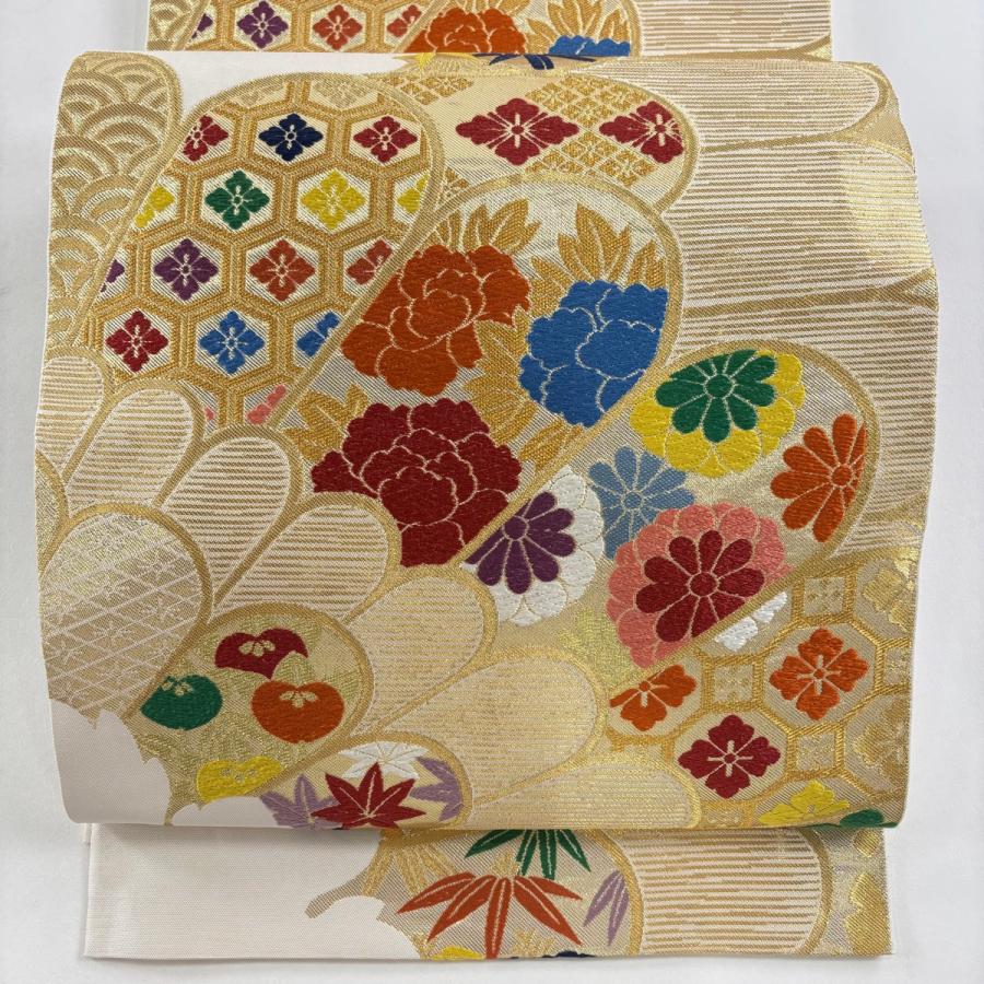 袋帯 名品 川島織物 落款あり 枝花 有職文様 金糸 刺繍 金色 六通 正絹