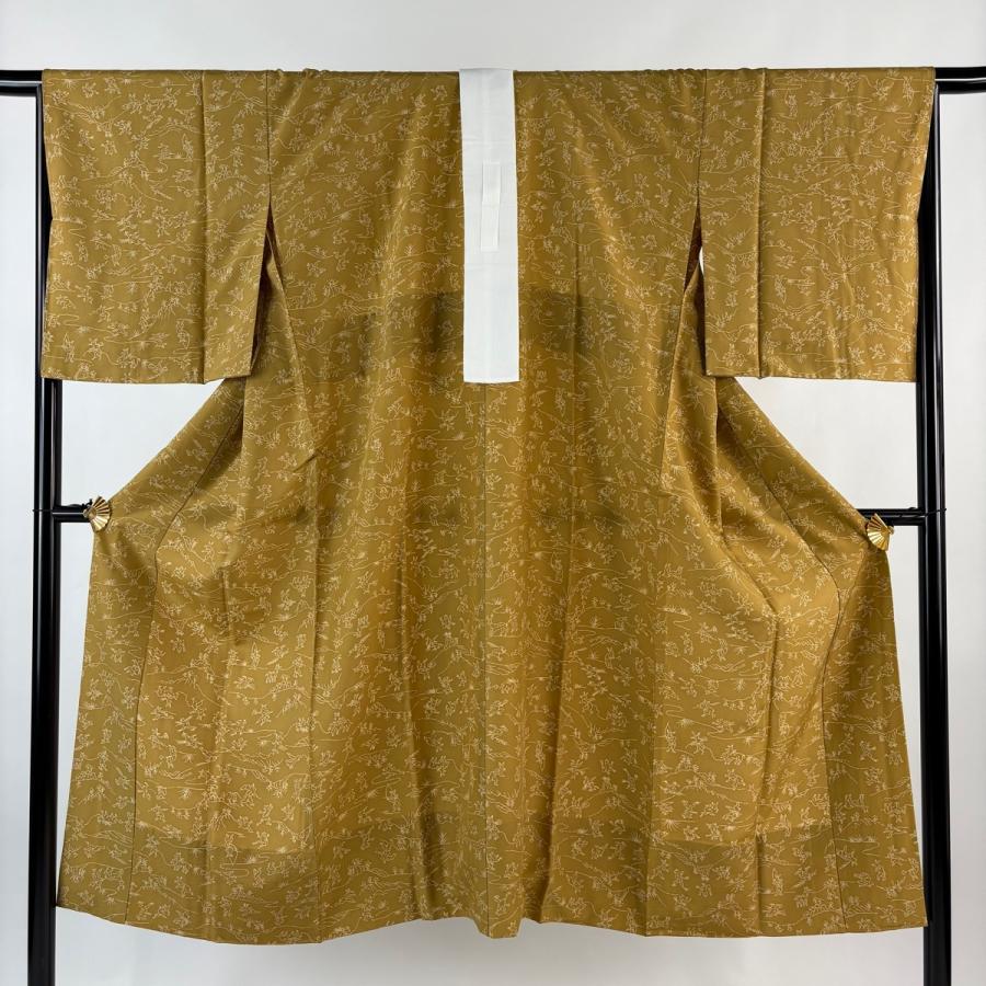 美品 長襦袢 身丈130cm 裄丈66cm M 鳥獣戯画 樹木 黄土色 正絹 秀品