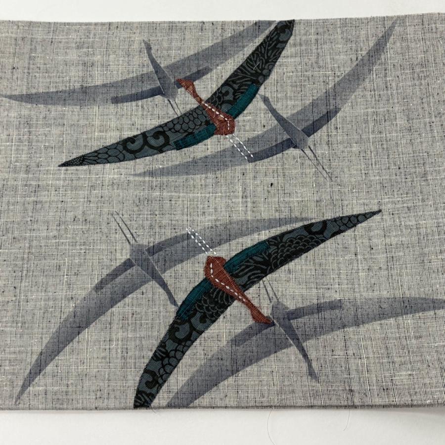 美品 開き名古屋帯 優品 鳥 灰色 正絹 中古 : リユースセレクト