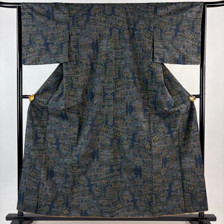 美品 紬 身丈158cm 裄丈64cm M 袷 縦縞 茶色 正絹 秀品 中古 :