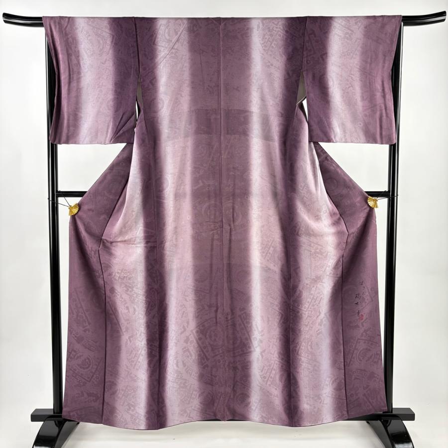 美品 小紋 身丈160.5cm 裄丈67cm M 袷 紬地 落款あり 色紙 鳥 ぼかし