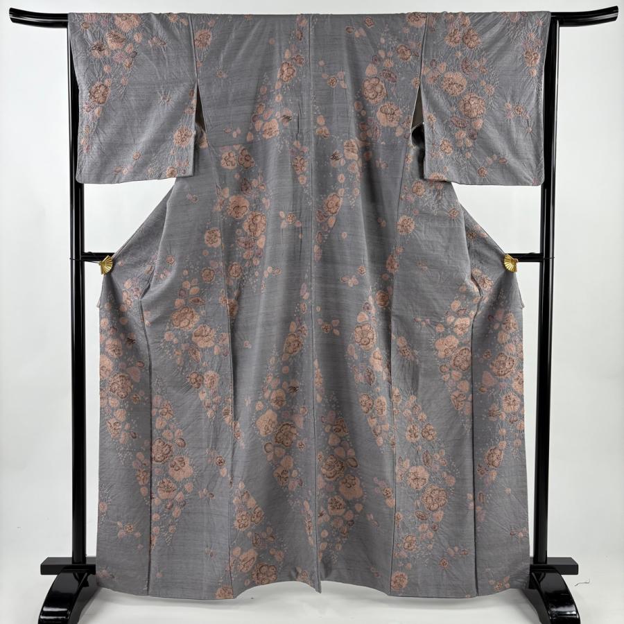 小紋 身丈165.5cm 裄丈65cm M 袷 紬地 辻が花柄 絞り 灰紫 正絹 秀品