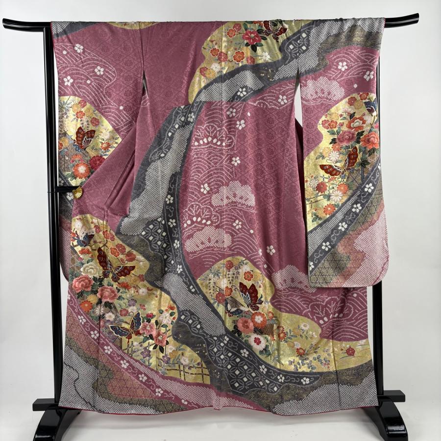 振袖 身丈162cm 裄丈67cm M 袷 草花 蝶 金糸 金彩 赤紫 正絹 秀品 中古