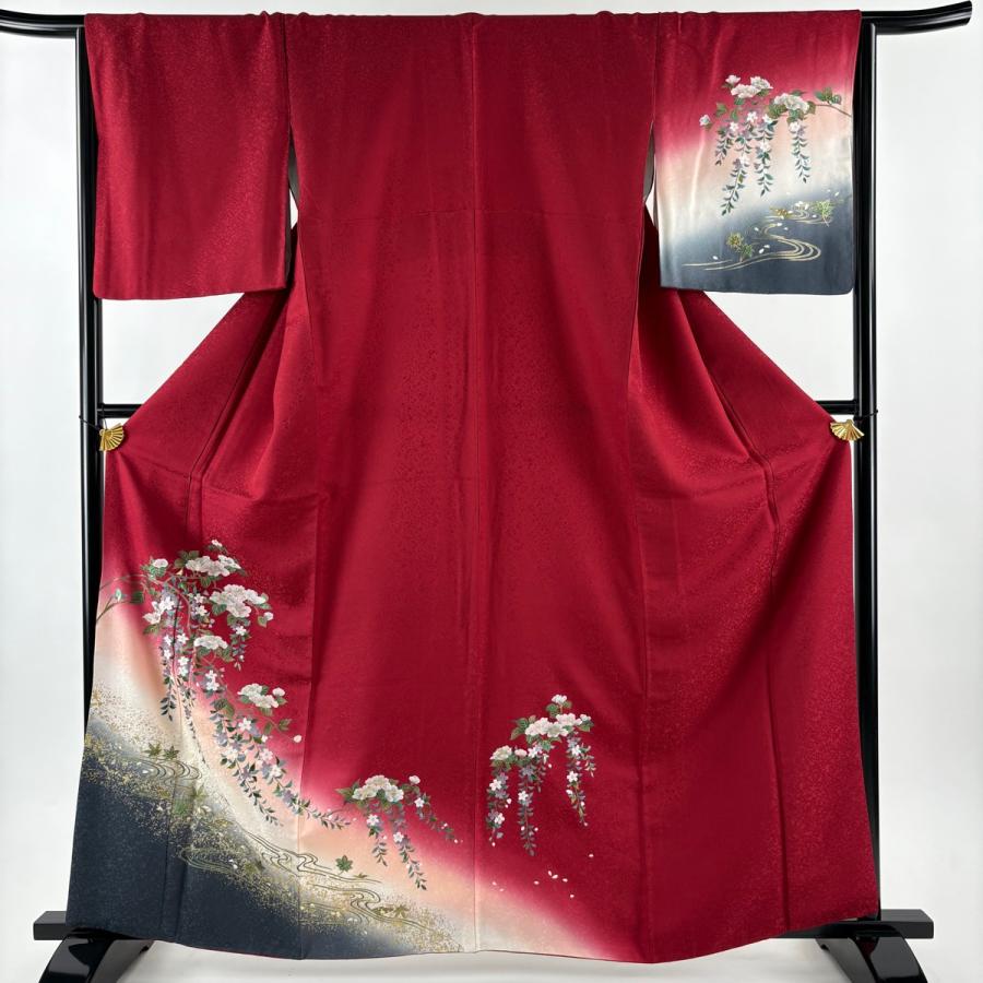 訪問着 身丈163.5cm 裄丈64.5cm M 袷 枝花 流水 金銀彩 えんじ色 正絹