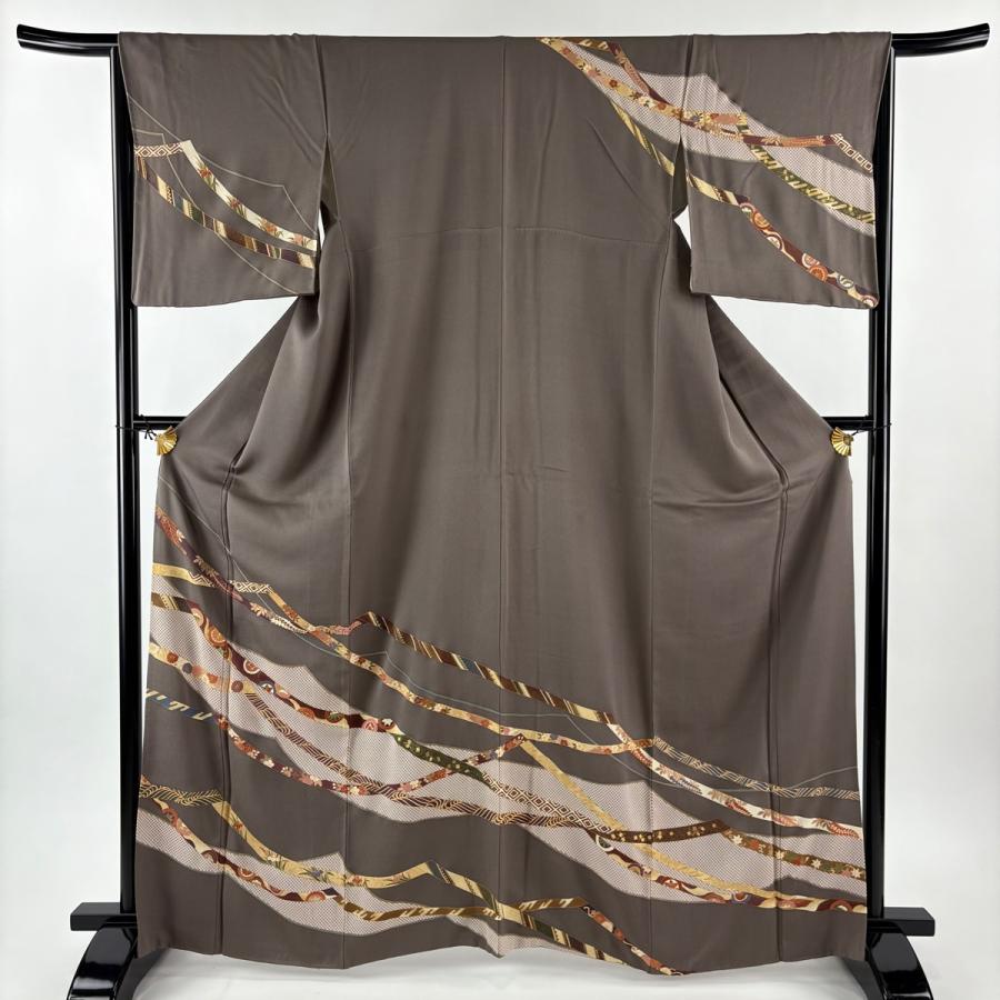 訪問着 身丈164.5cm 裄丈65.5cm M 袷 蔓帯 草花 金糸 金彩 灰茶 正絹