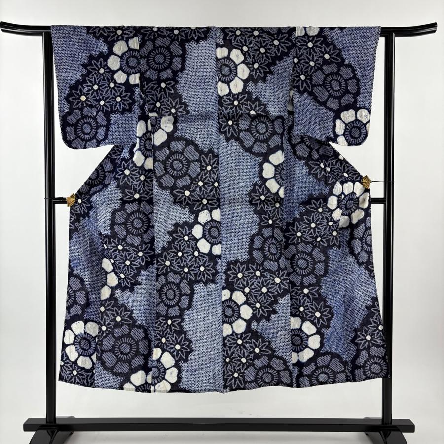 浴衣 身丈146cm 裄丈61.5cm S 絞り浴衣 花 紺色 綿 秀品 中古