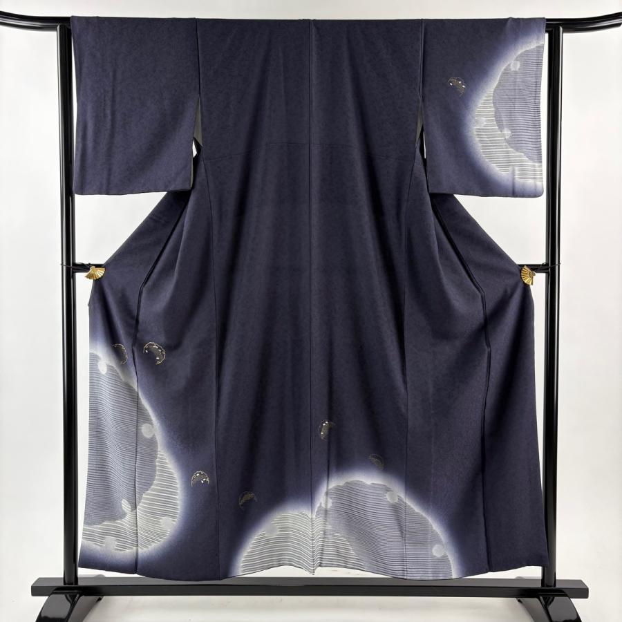 ☆ 付下げ 雪輪に花模様 縦柄暈し 金銀彩 茄子紺色 トールサイズ K-4297 安心販売中 付下げ 雪輪に花模様 縦柄暈し 金銀彩 茄子紺