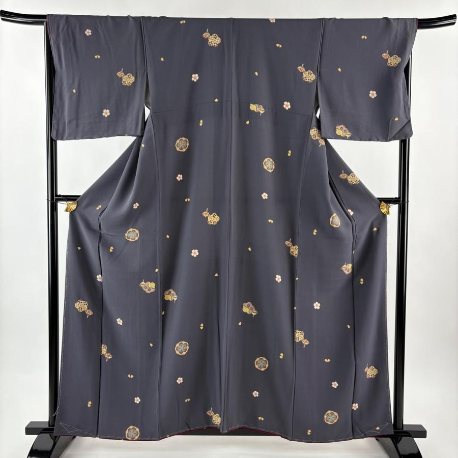 小紋 身丈159cm 裄丈66.5cm M 袷 梅 独楽 金彩 灰紫 正絹 秀品 中古