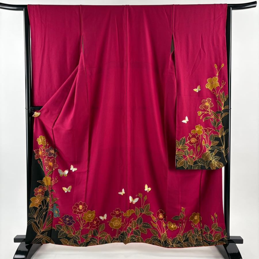 美品 振袖 身丈161cm 裄丈64cm M 袷 草花 蝶 金銀彩 染め分け 濃ピンク