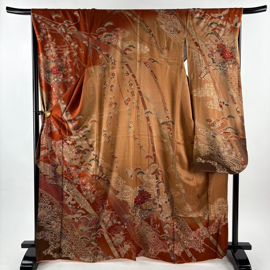 振袖 身丈166.5cm 裄丈67cm M 袷 花車 鶴 金糸 金彩 茶色 正絹 秀品