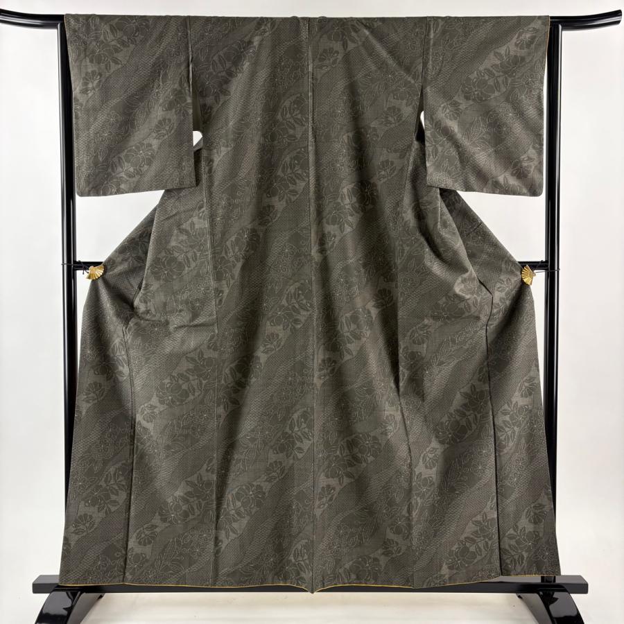 紬 身丈159.5cm 裄丈63.5cm S 袷 やまと 草花 道長取り 茶緑色 正絹 秀
