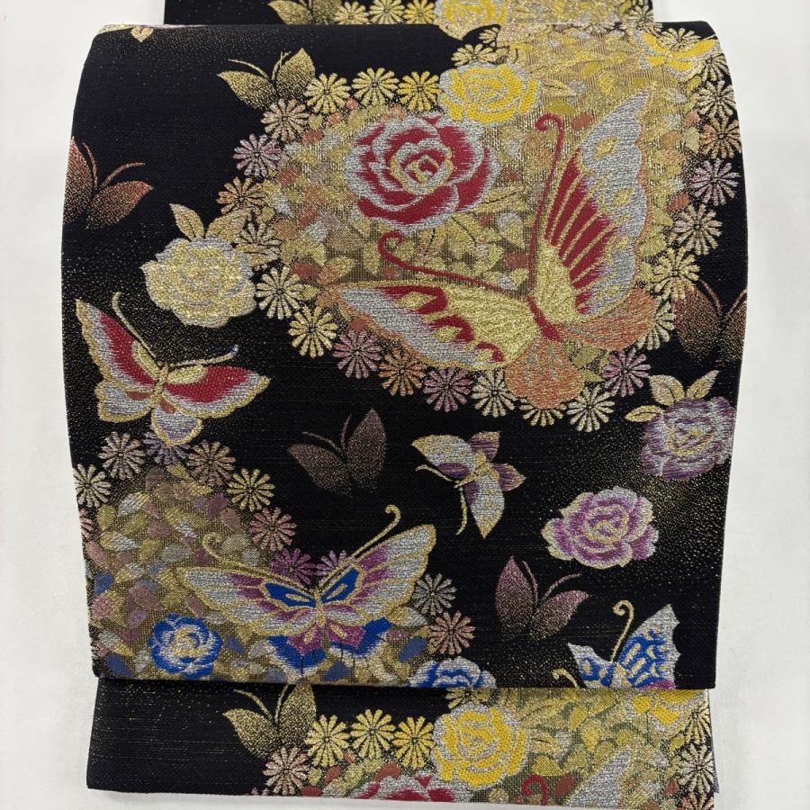 美品 袋帯 秀品 蝶 草花 金銀糸 箔 黒 六通 正絹 中古 : リユース