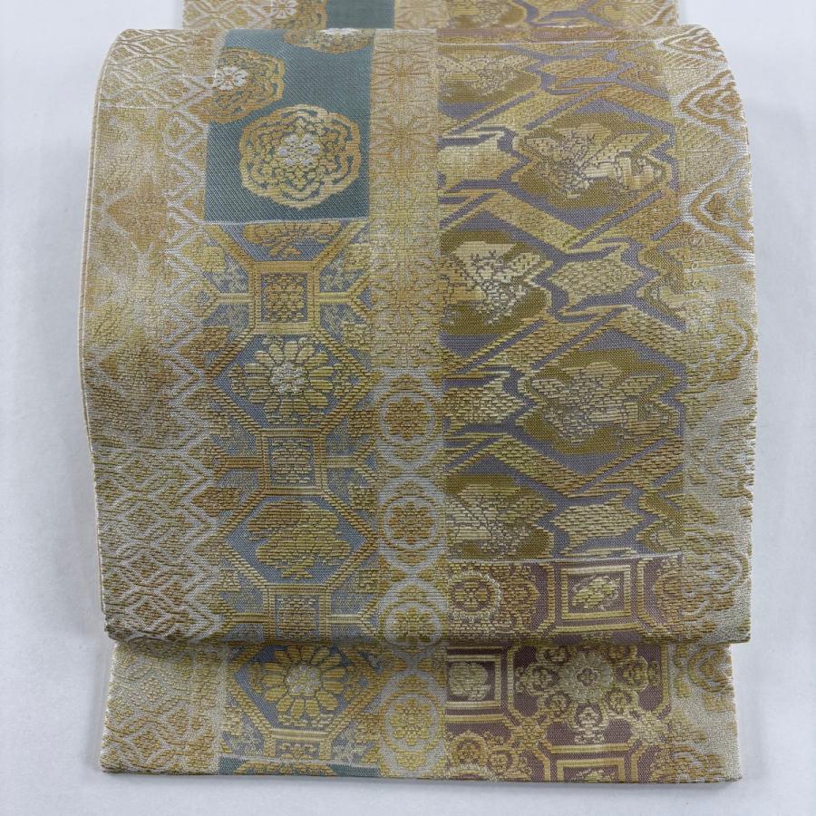 美品 袋帯 秀品 華文 麻の葉 箔 ベージュ 六通 正絹 中古 : リユース